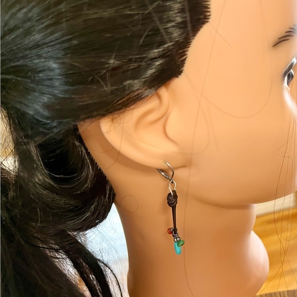 925 leather dangling pierced earrings w/faux stones jewelry - Picture 3 of 16